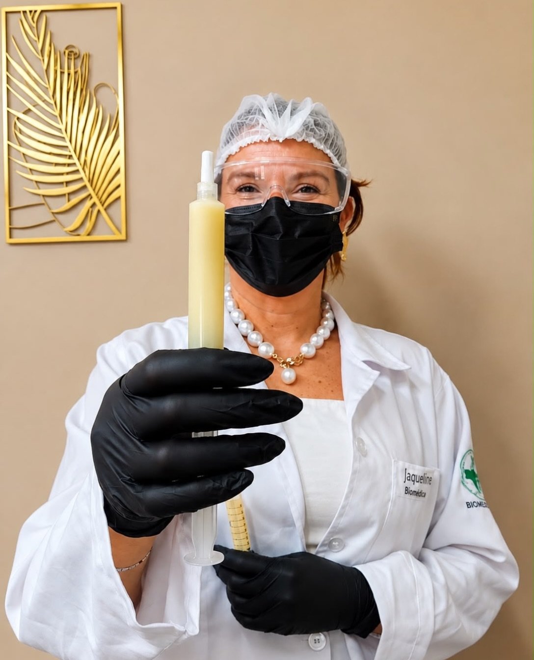 Dra. Jaqueline Pessana de jaleco, máscara e luvas, segurando uma seringa no consultório